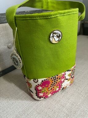 Spartina 449 Lime Green Canvas Wine Bottle Bag with Floral Trim